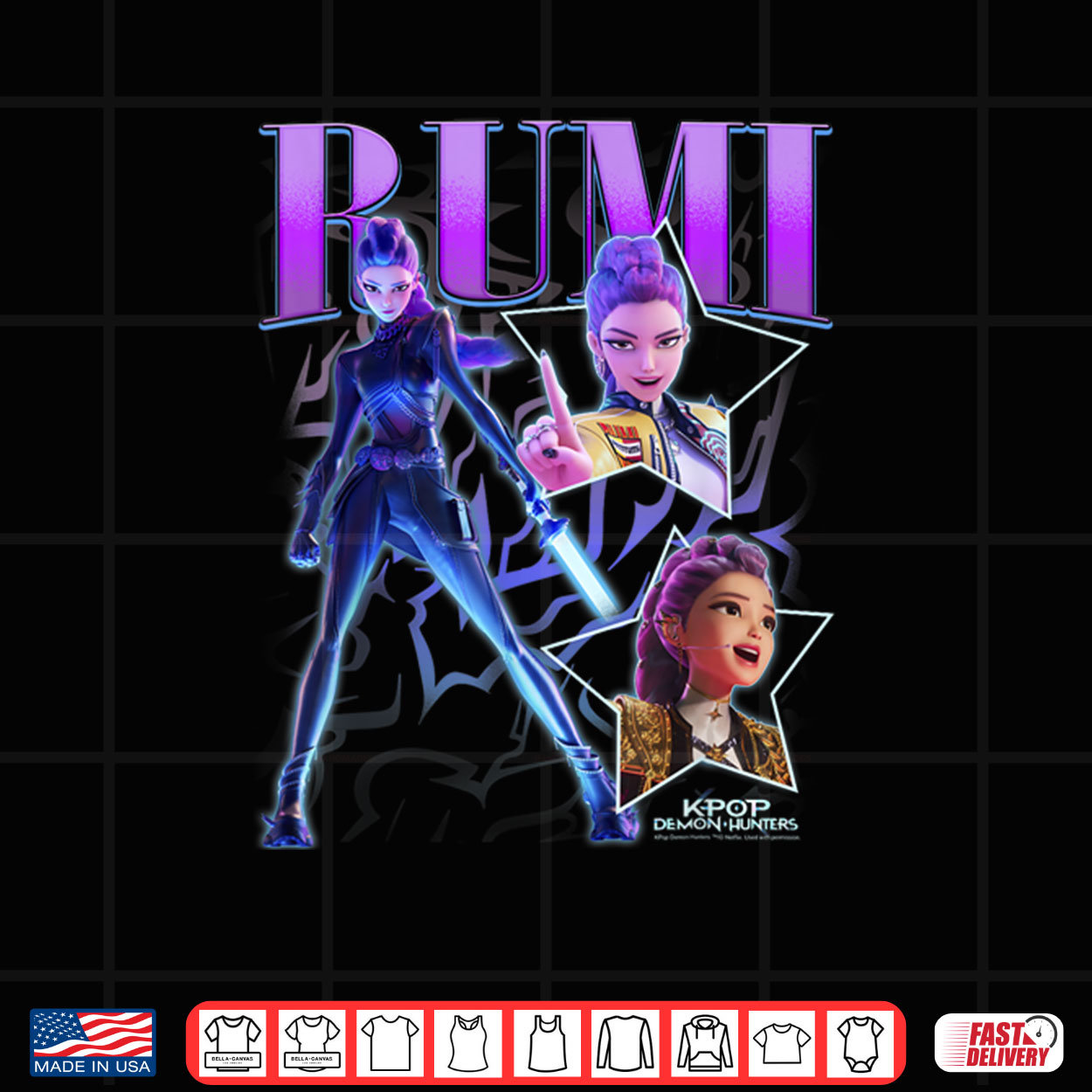 Rumi Showcase Retro Neon Poster KPop Demon Hunter Shirt Rumi Showcase Retro Neon Poster KPop Demon Hunter Shirt