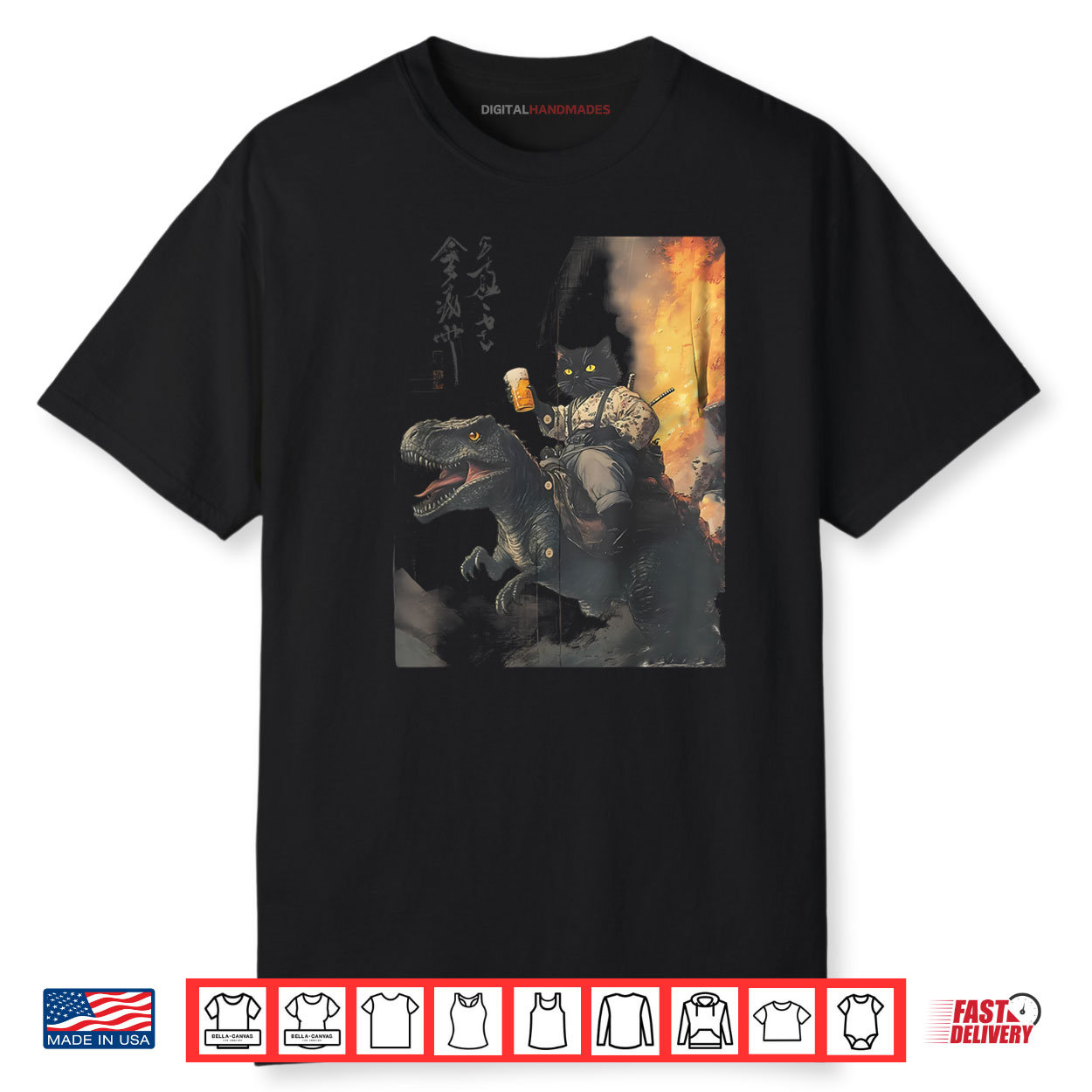 Black Cat Samurai Dinosaur Shirt