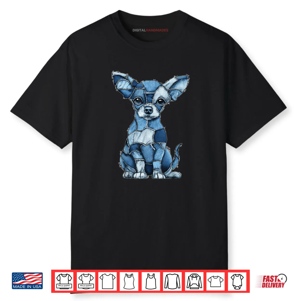Chihuahua Dog Blue Denim Patchwork Graphic Animal Shirt