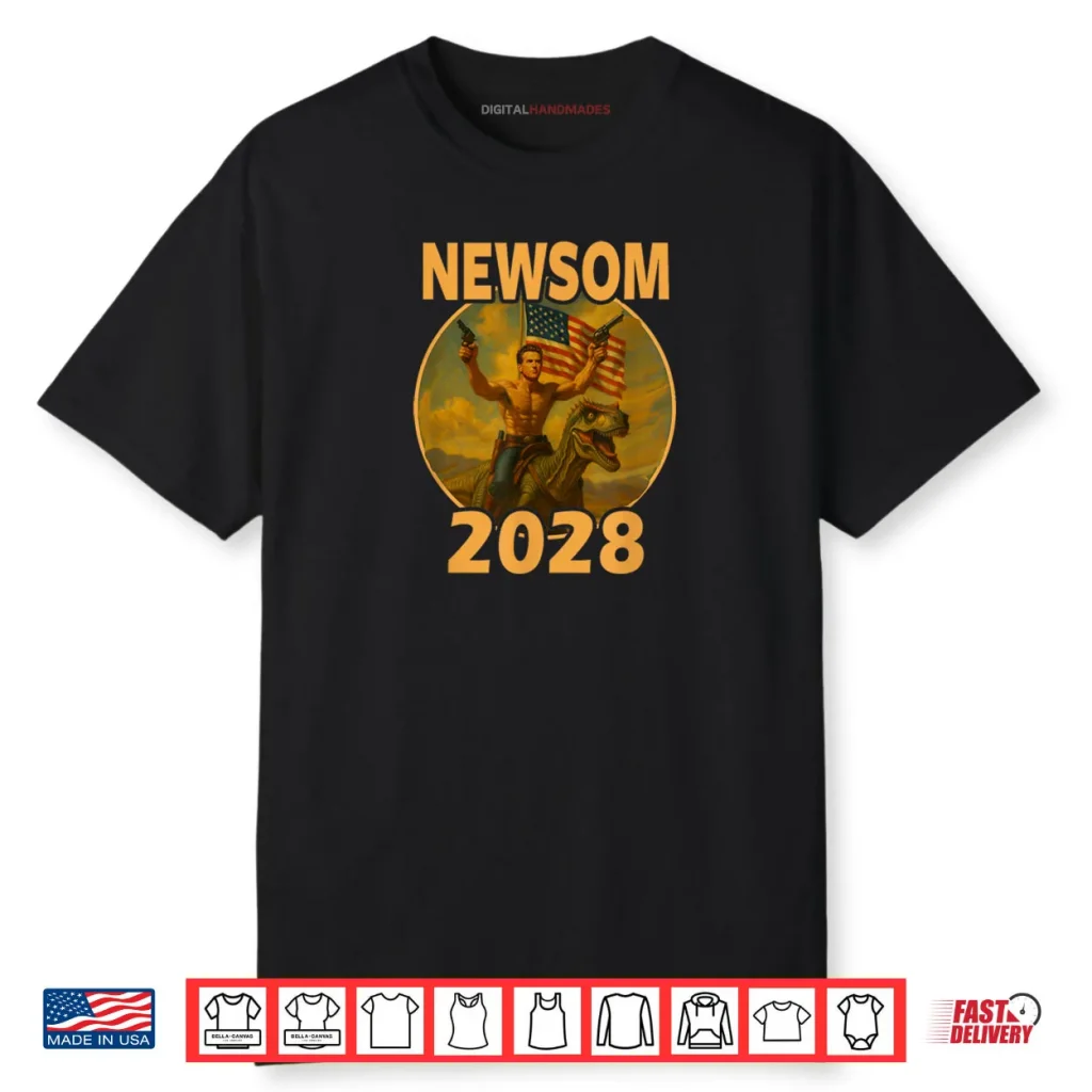 Gavin Newsom 2028 Bold Patriotic Leader Riding Dinosaur Shirt 1 Gavin Newsom 2028 Bold Patriotic Leader Riding Dinosaur Shirt