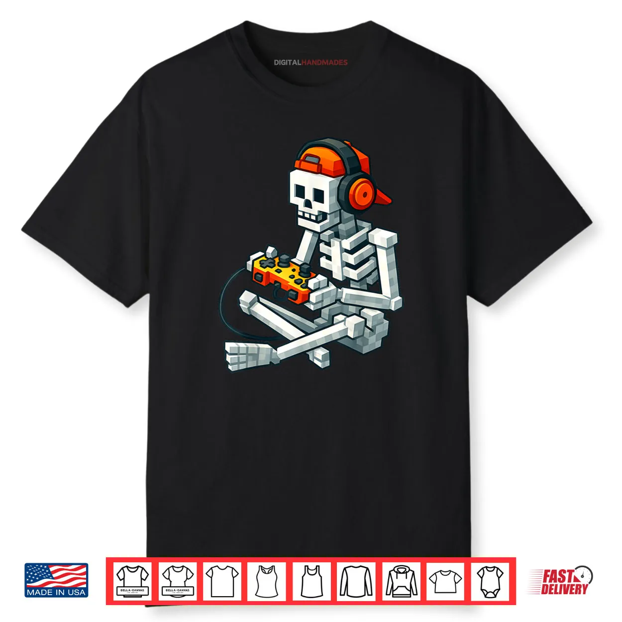 Halloween Skeleton Gamer Pixel Video Gaming Shirt