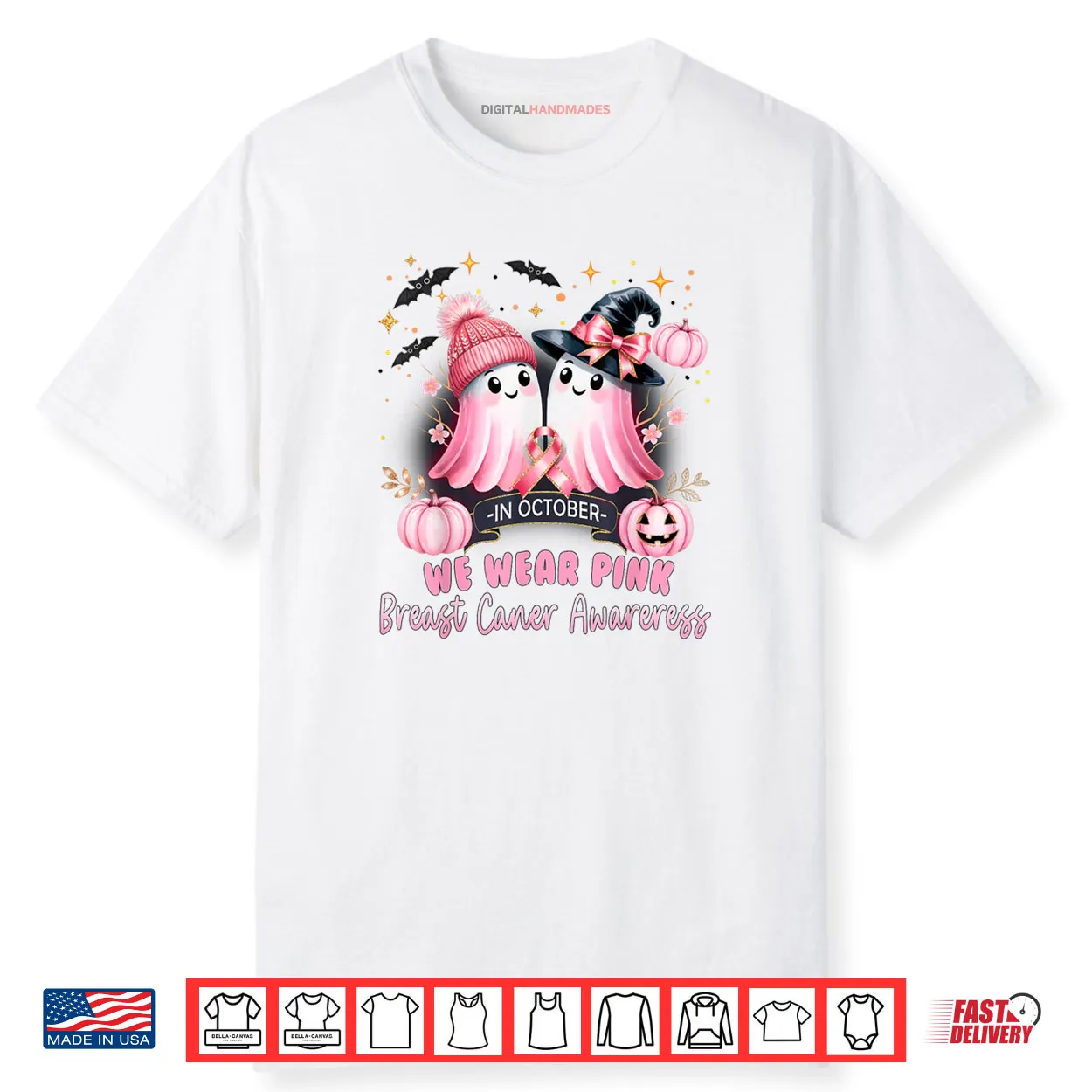 In October We Wear Pink Cute Ghost Breast Cancer Awareness Shirt