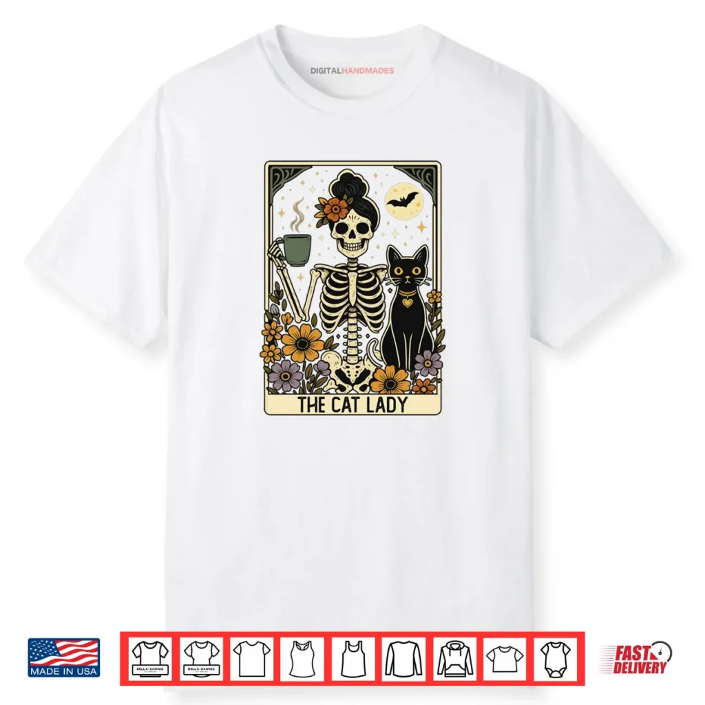 Mystic Skeleton The Cat Lady With Coffee Tarot Card Vibes Shirt 1 Mystic Skeleton The Cat Lady With Coffee Tarot Card Vibes Shirt