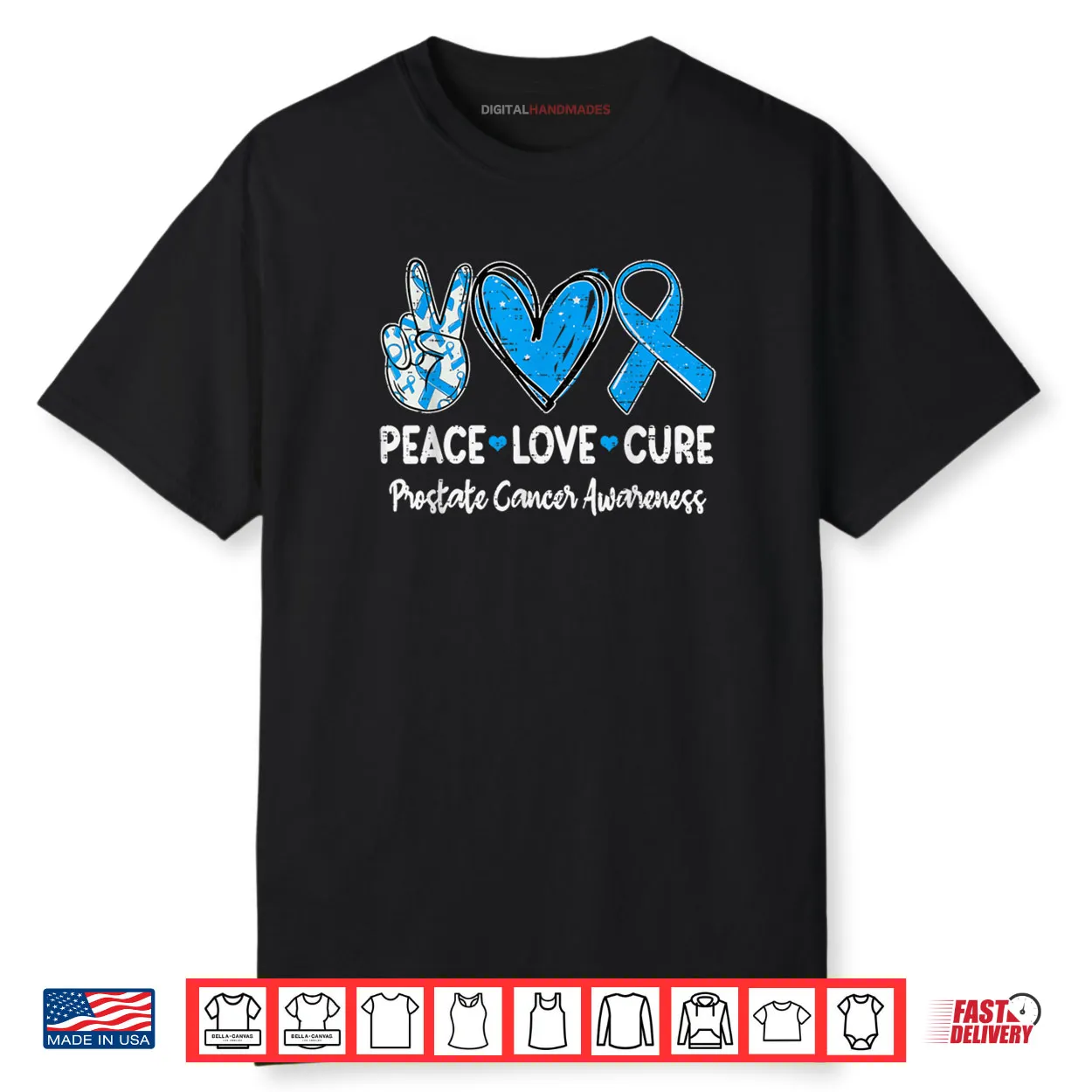 Peace Love Cure Prostate Cancer Awareness Ribbon Blue Shirt