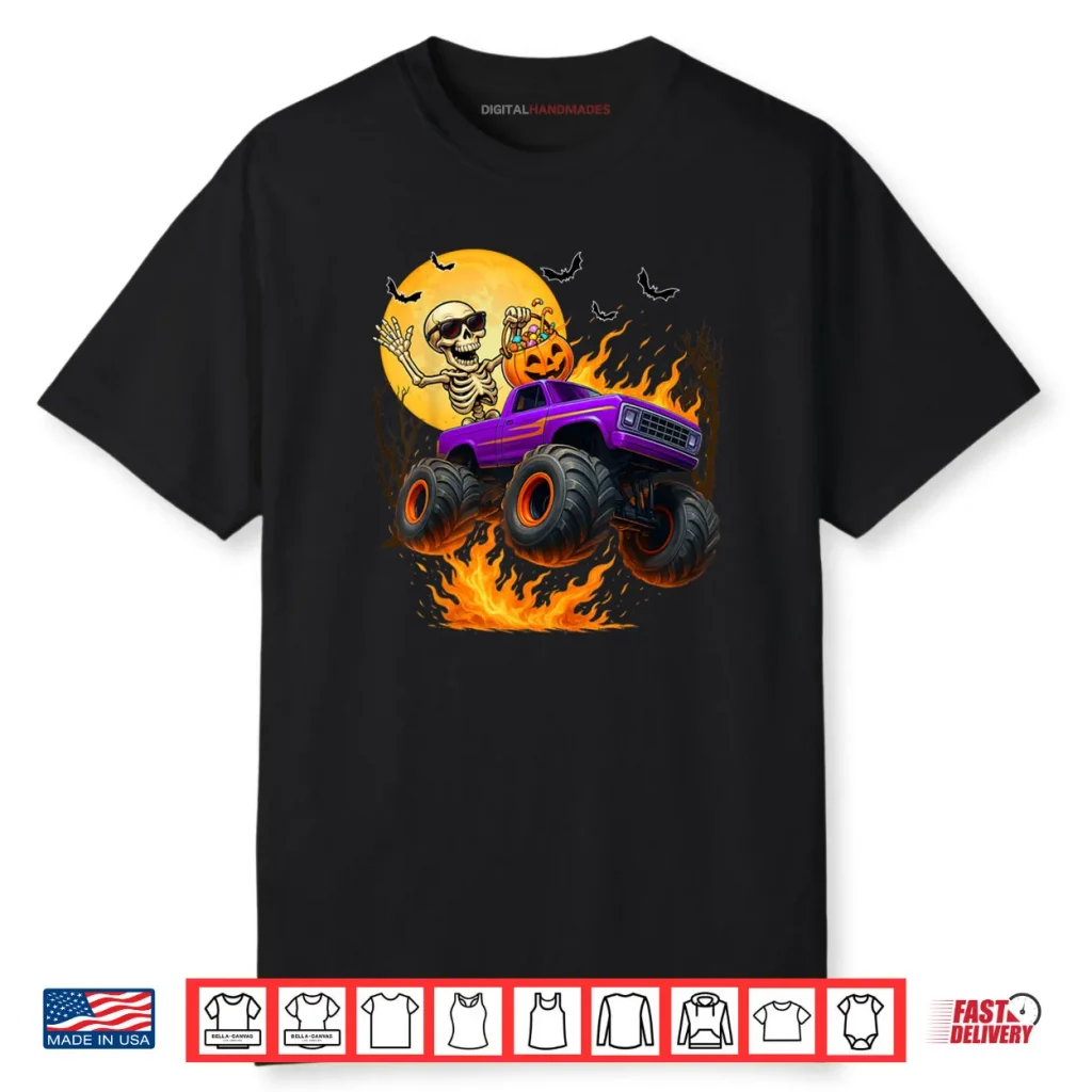 Spooky Skeleton Riding Monster Truck Halloween Costumes Shirt