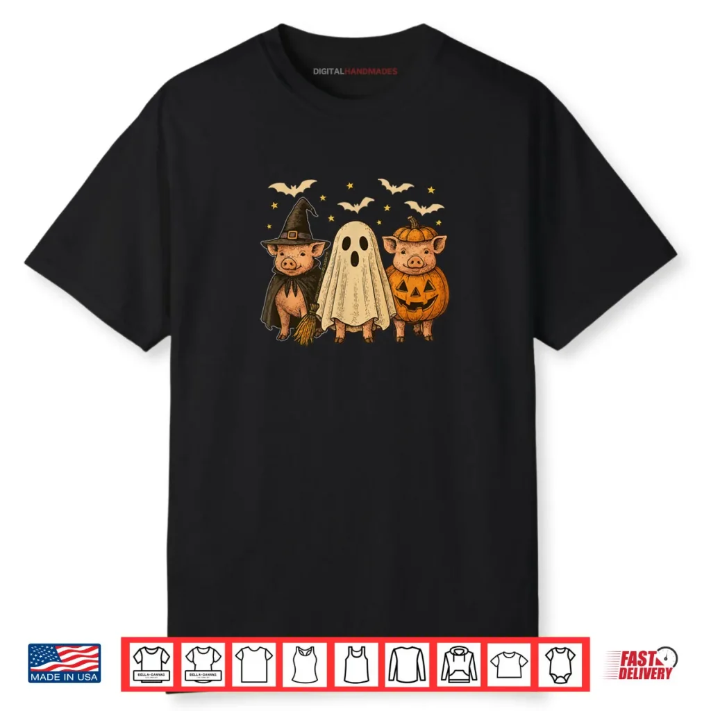 Three Halloween Pigs Cosplay Witch Boo Carved Pumpkin Shirt 1 Three Halloween Pigs Cosplay Witch Boo Carved Pumpkin Shirt