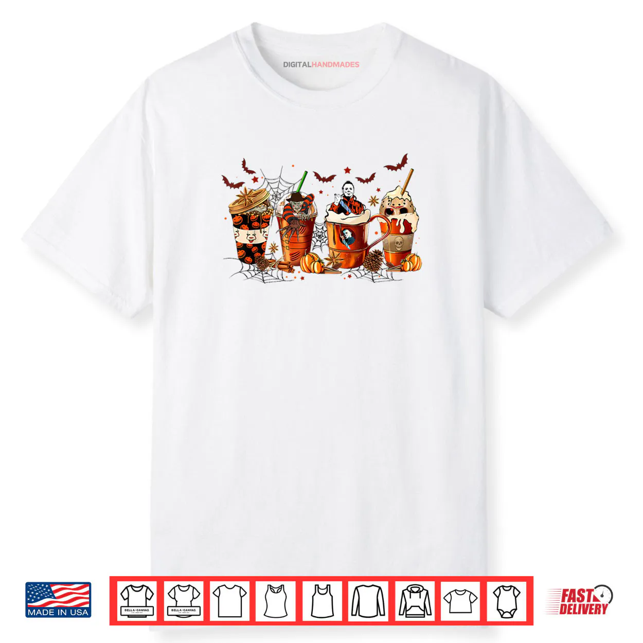 Vintage Halloween Horror Latte Coffee Cups Ghost Skeleton Shirt