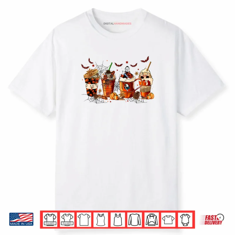 Vintage Halloween Horror Latte Coffee Cups Ghost Skeleton Shirt