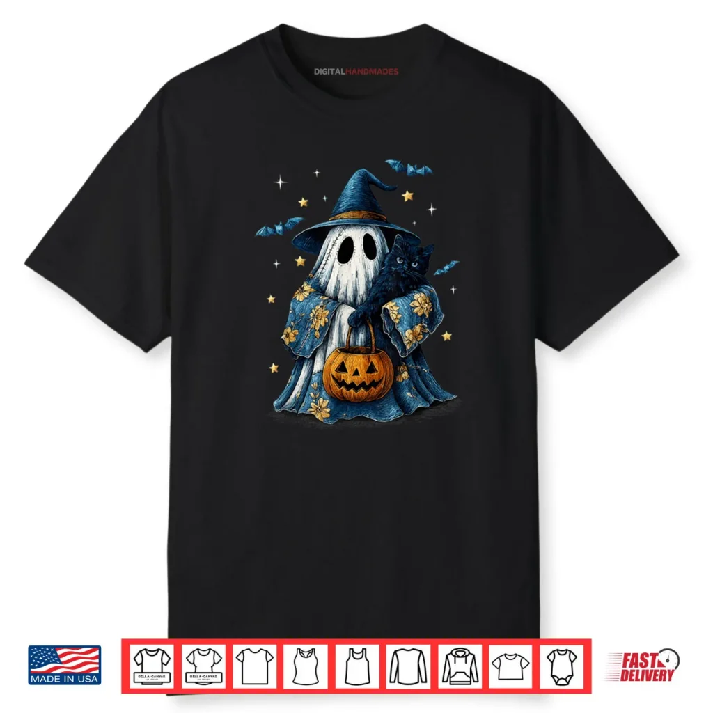 Halloween Ghost Holding Black Cat Groovy Floral Shirt 1 Halloween Ghost Holding Black Cat Groovy Floral Shirt