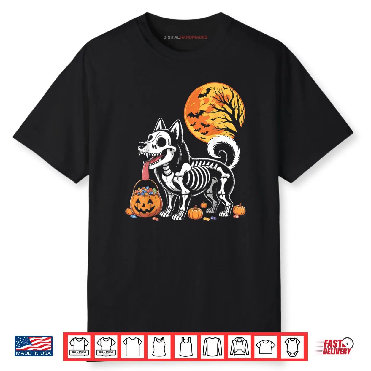 Siberian Husky Dog Skeleton Scary Pumpkin Moon Halloween Shirt