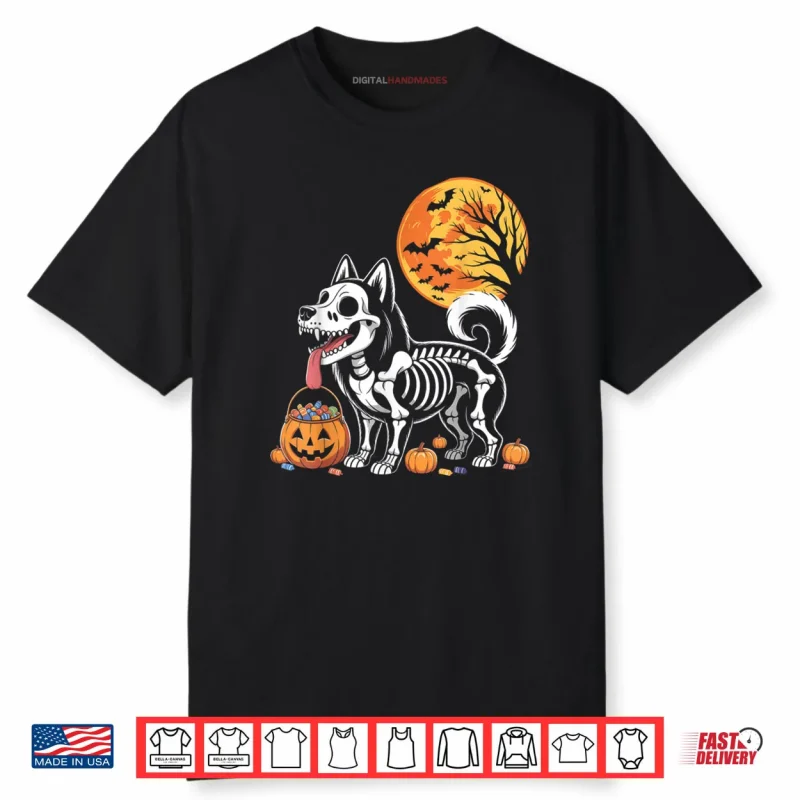 Siberian Husky Dog Skeleton Scary Pumpkin Moon Halloween Shirt
