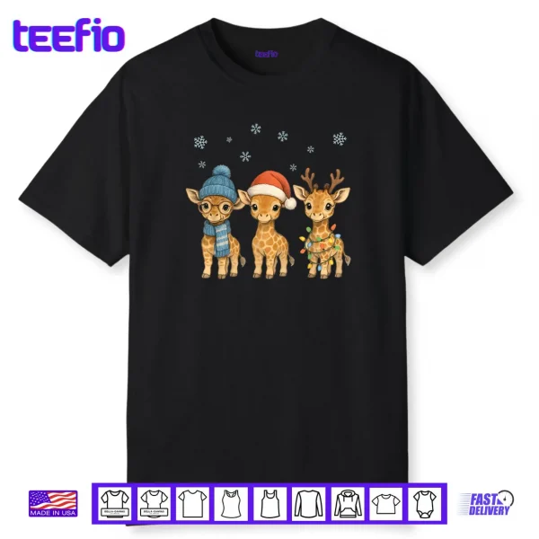 Baby Giraffe Christmas Lights Santa Hat Reindeer Shirt