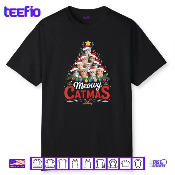 Meowy Catmas Cat Christmas Tree Xmas Santa Shirt