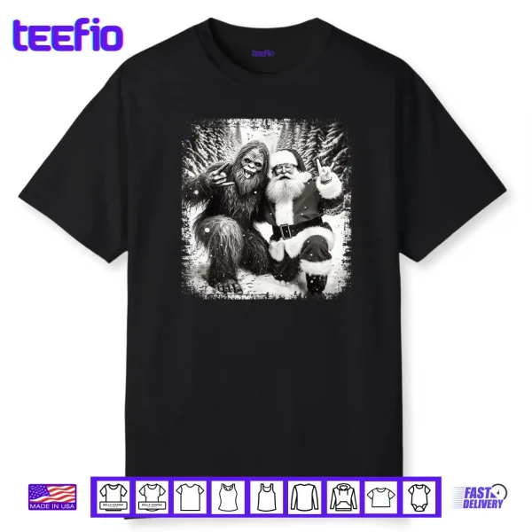 Santa with Bigfoot Christmas Lights Funny Sasquatch Believe Shirt