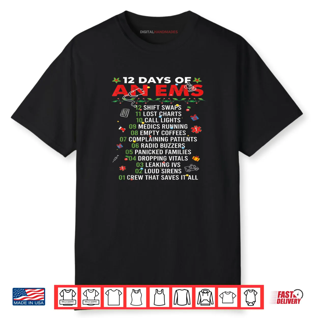 12 Days of an EMS EMT ICU Nurse Christmas Xmas Funny Shirt