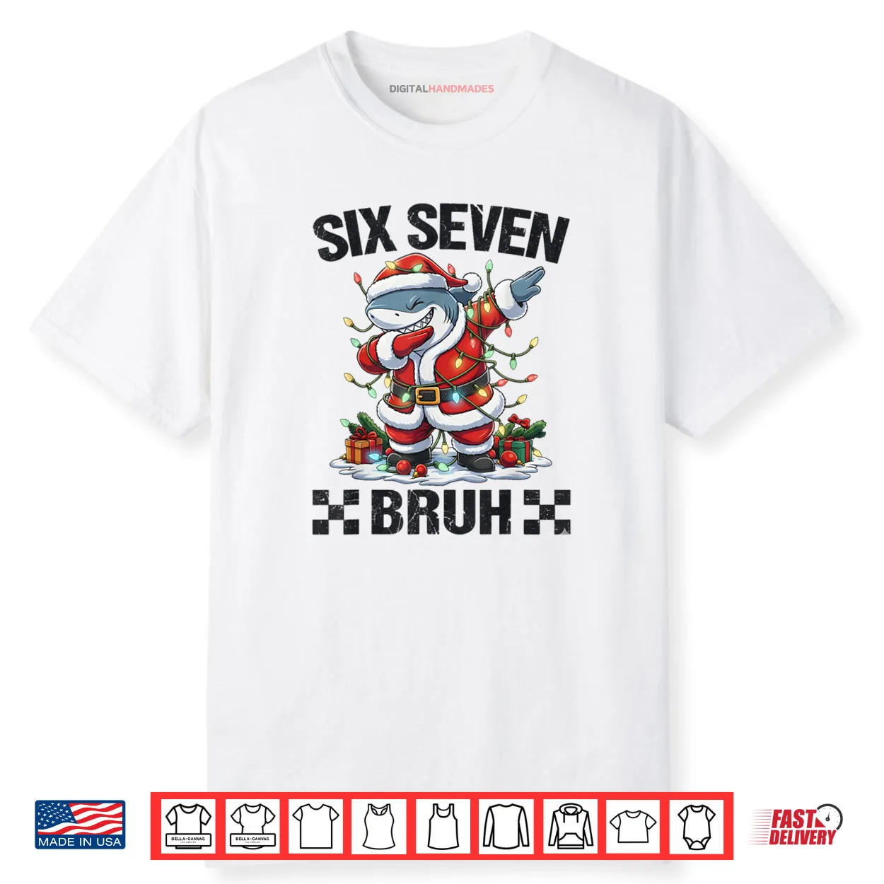67 Six Seven Bruh Santa Shark 6 7 Meme Christmas Lights Shirt