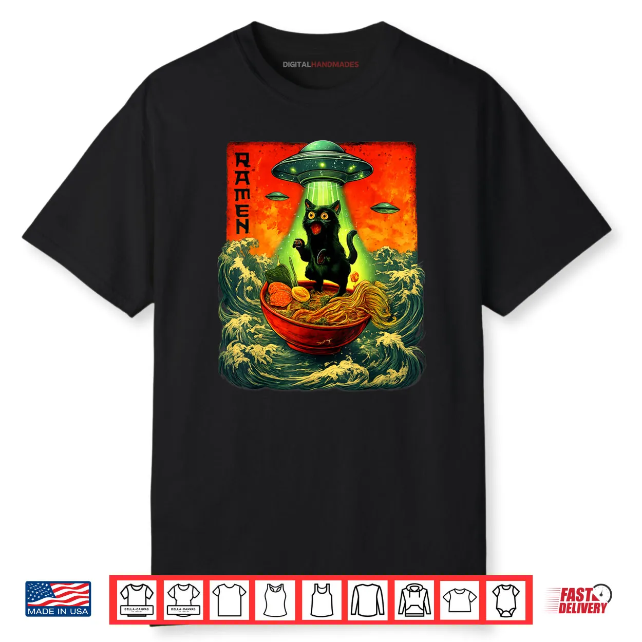 Alien Ramen Cat UFO Japanese Retro Art Shirt