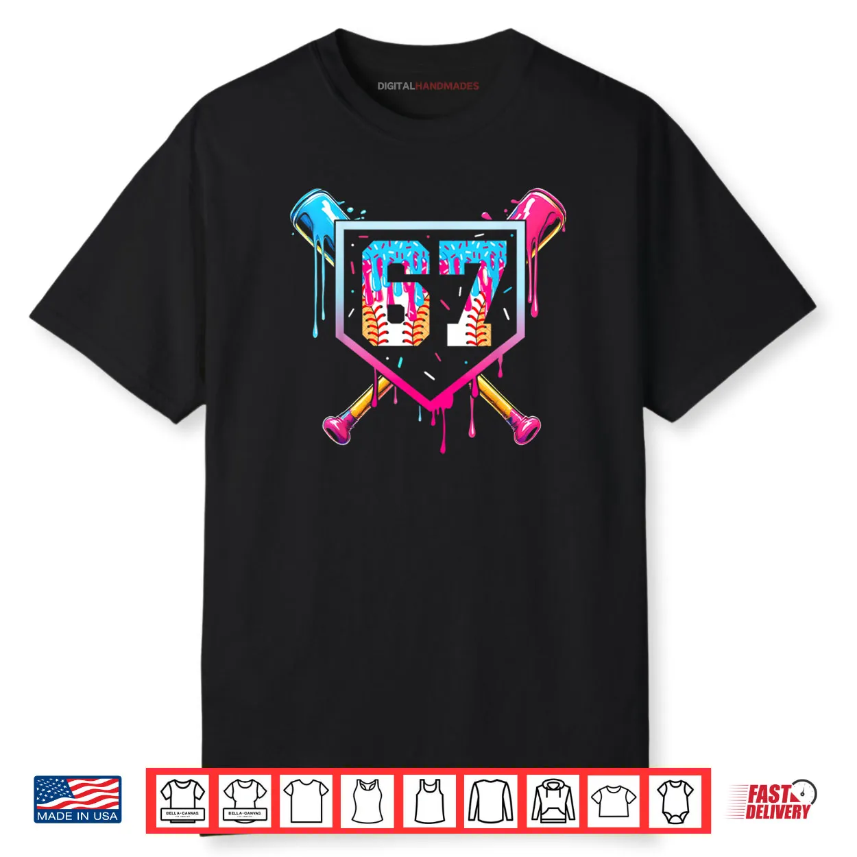 Baseball Ice Cream Drip Number 67 Player 67th Birthday Shirt