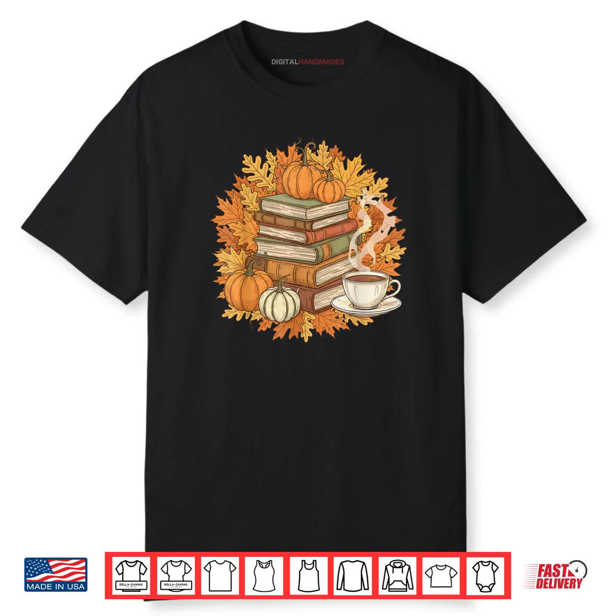 Books Coffee Fall Leaves and Pumpkins Vintage Library Shirt