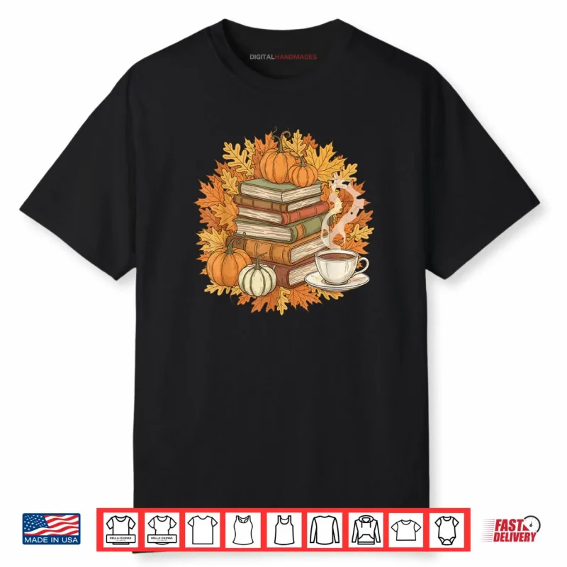 Books Coffee Fall Leaves and Pumpkins Vintage Library Shirt