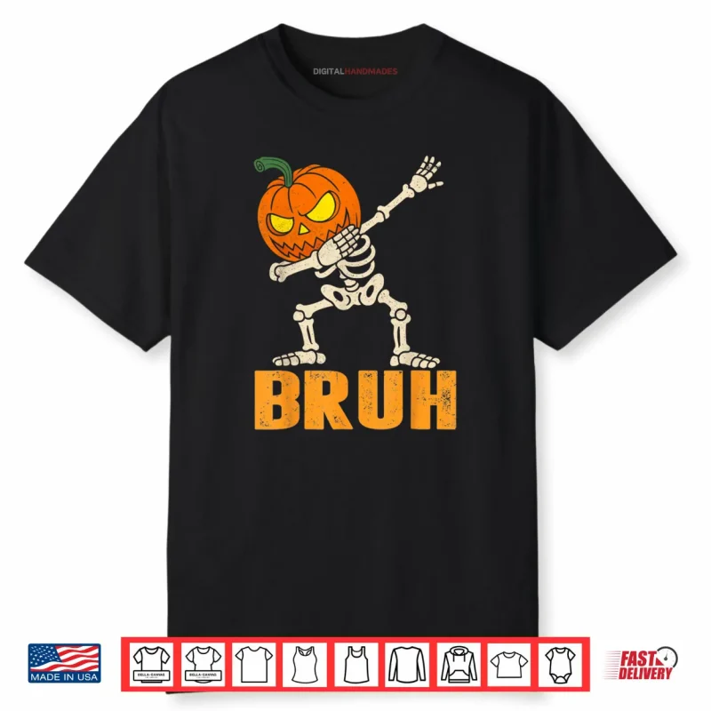 Bruh Skeleton Halloween Dabbing Boys Pumpkin Jack O Lantern Shirt
