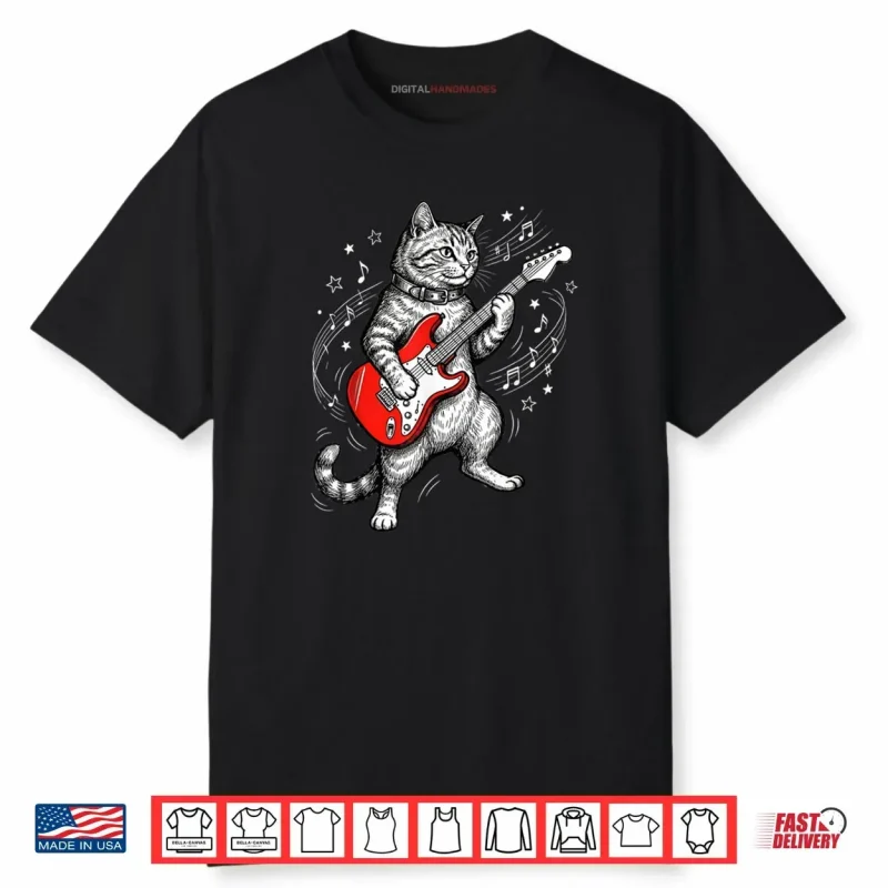 Cat Playing Guitar Rock and Roll Humor Shirt