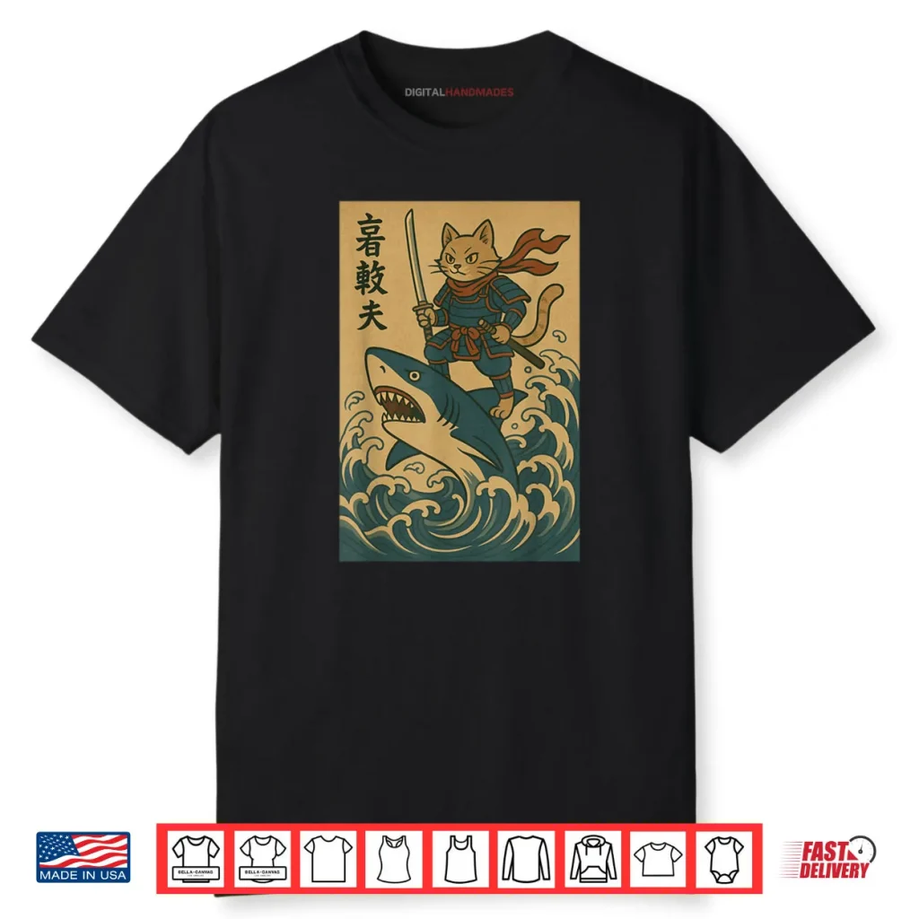 Cat Samurai Riding Shark Great Wave Japanese Anime Shirt 1 Cat Samurai Riding Shark Great Wave Japanese Anime Shirt