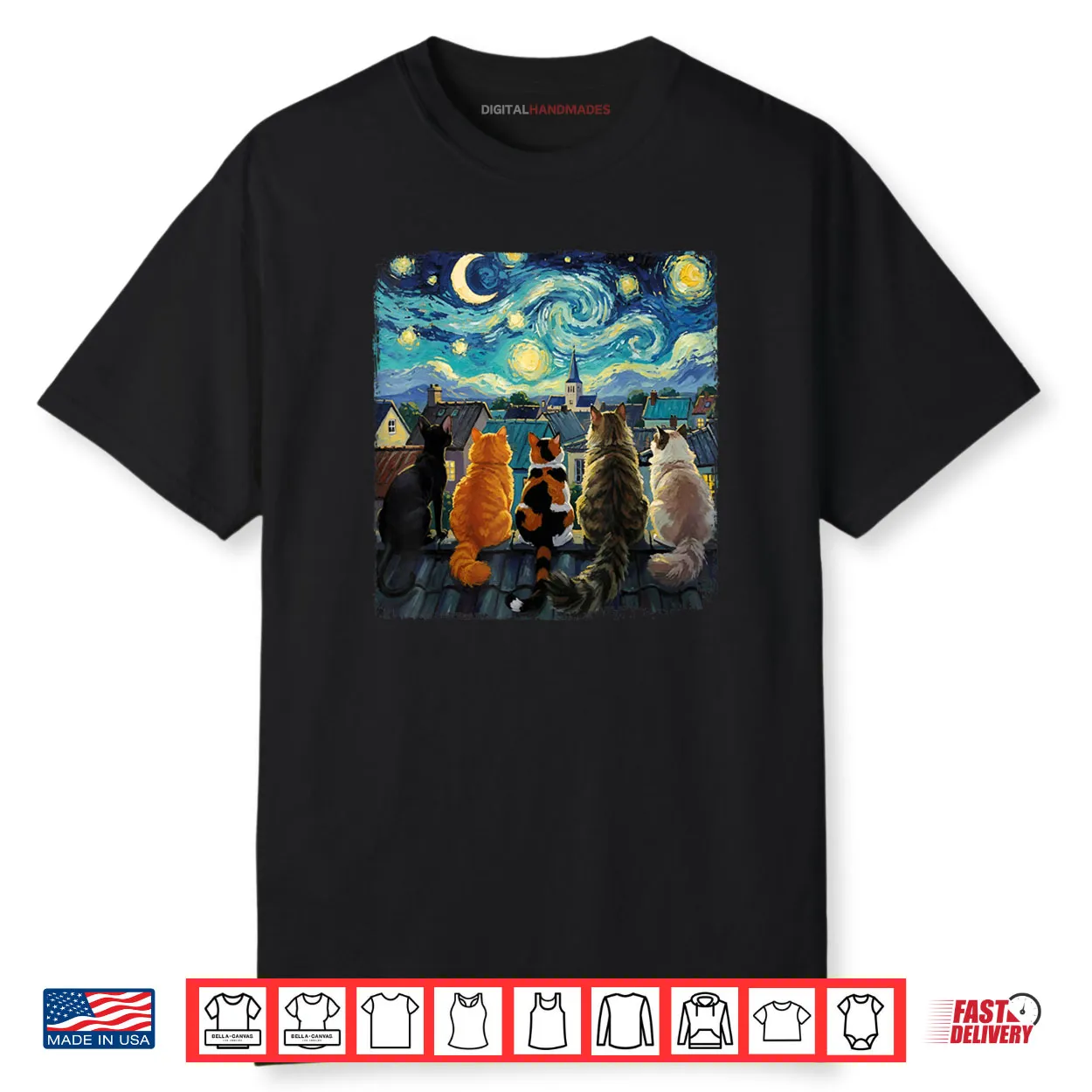 Cat Starry Night Van Gogh Cats Rooftop Scene Feline Shirt