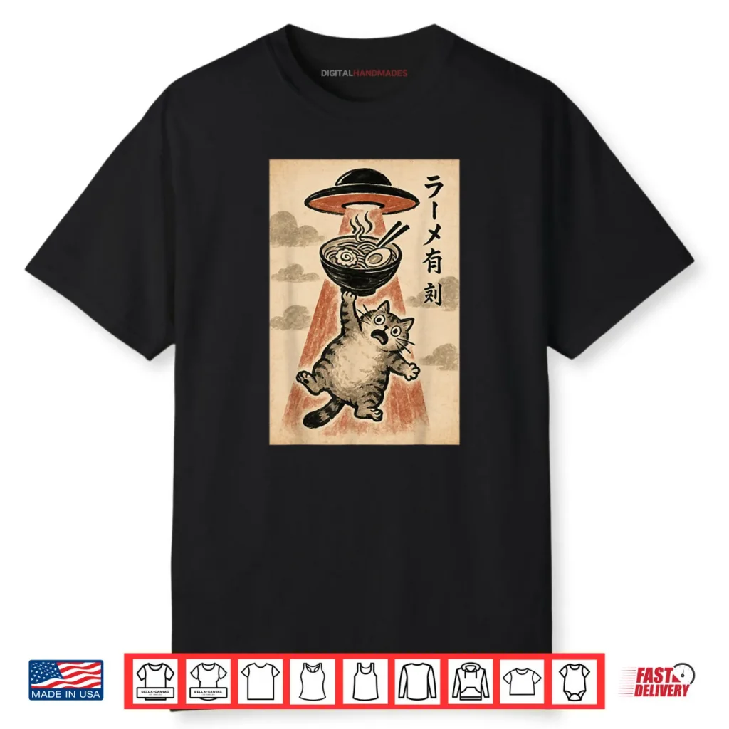 Cat UFO Ramen Funny Japanese Anime Shirt