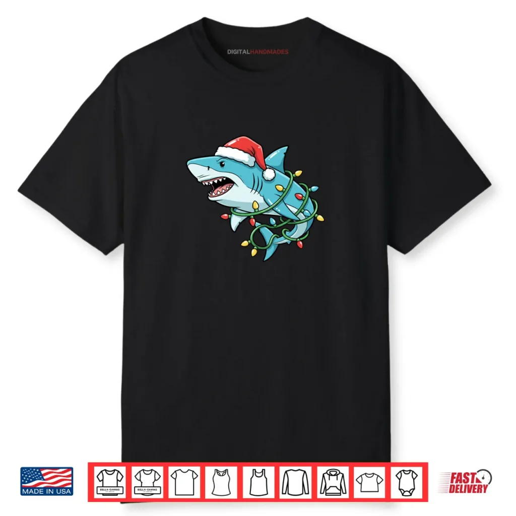 Christmas Shark Santa Hat Wrapped in Lights Funny Xmas Shark Shirt 1 Christmas Shark Santa Hat Wrapped in Lights Funny Xmas Shark Shirt