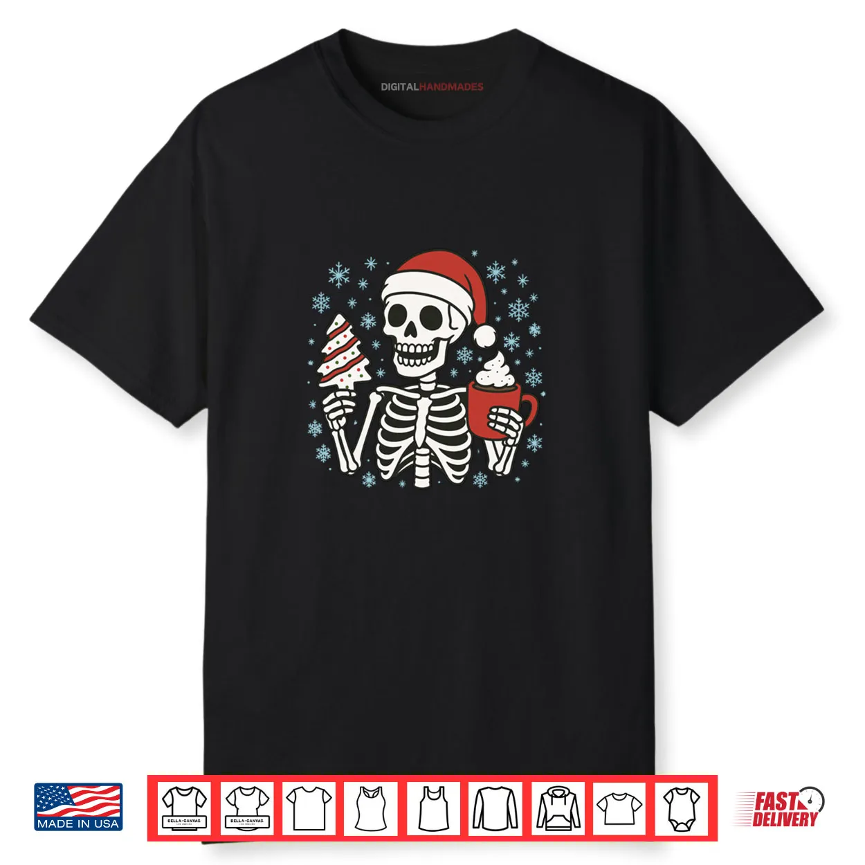 Christmas Skeleton Santa Skeleton with Hot Cocoa & Tree Cake Long Shirt