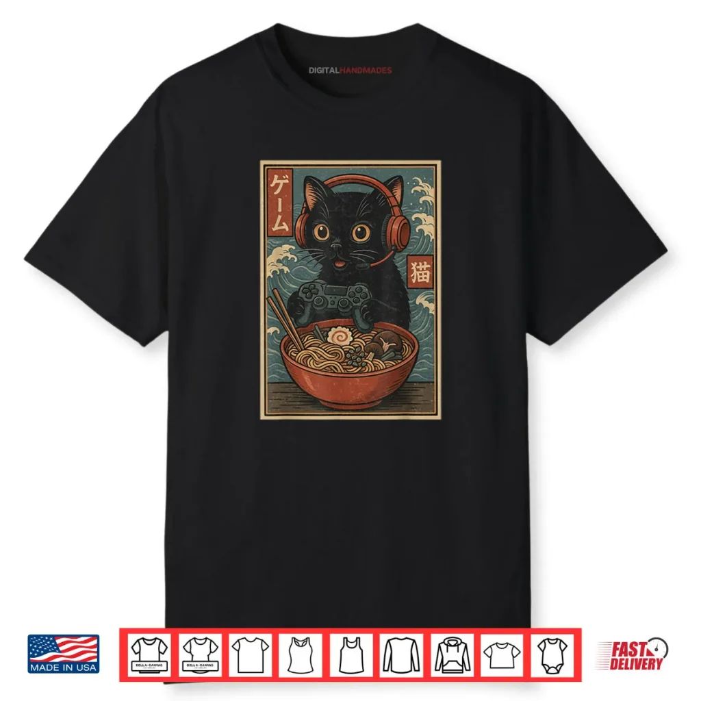 Cute Kawaii Gamer Cat Ramen Retro Japanese Cat Gaming Shirt