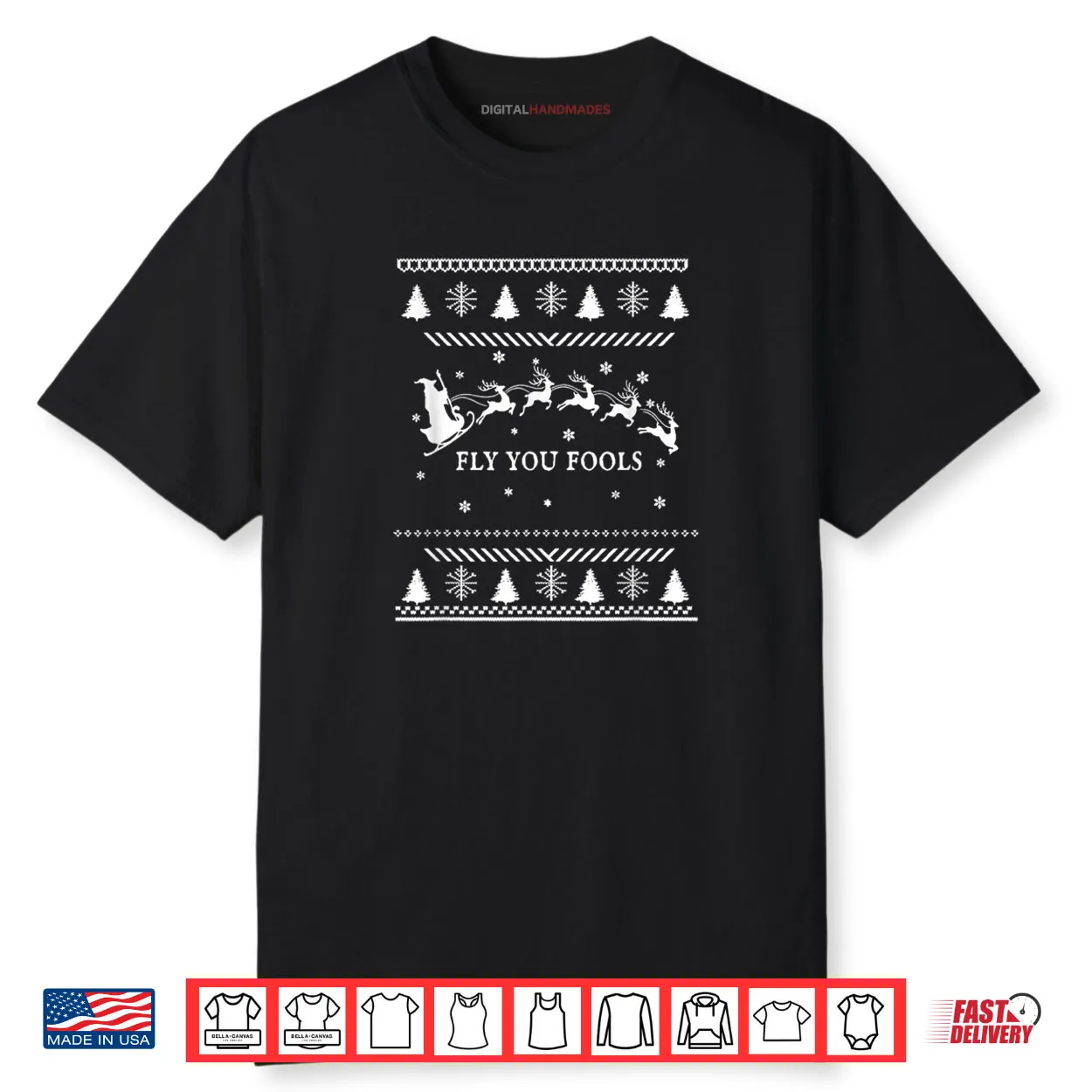 Fly You Fools Wizard Santa Sleigh Reindeer Christmas Shirt