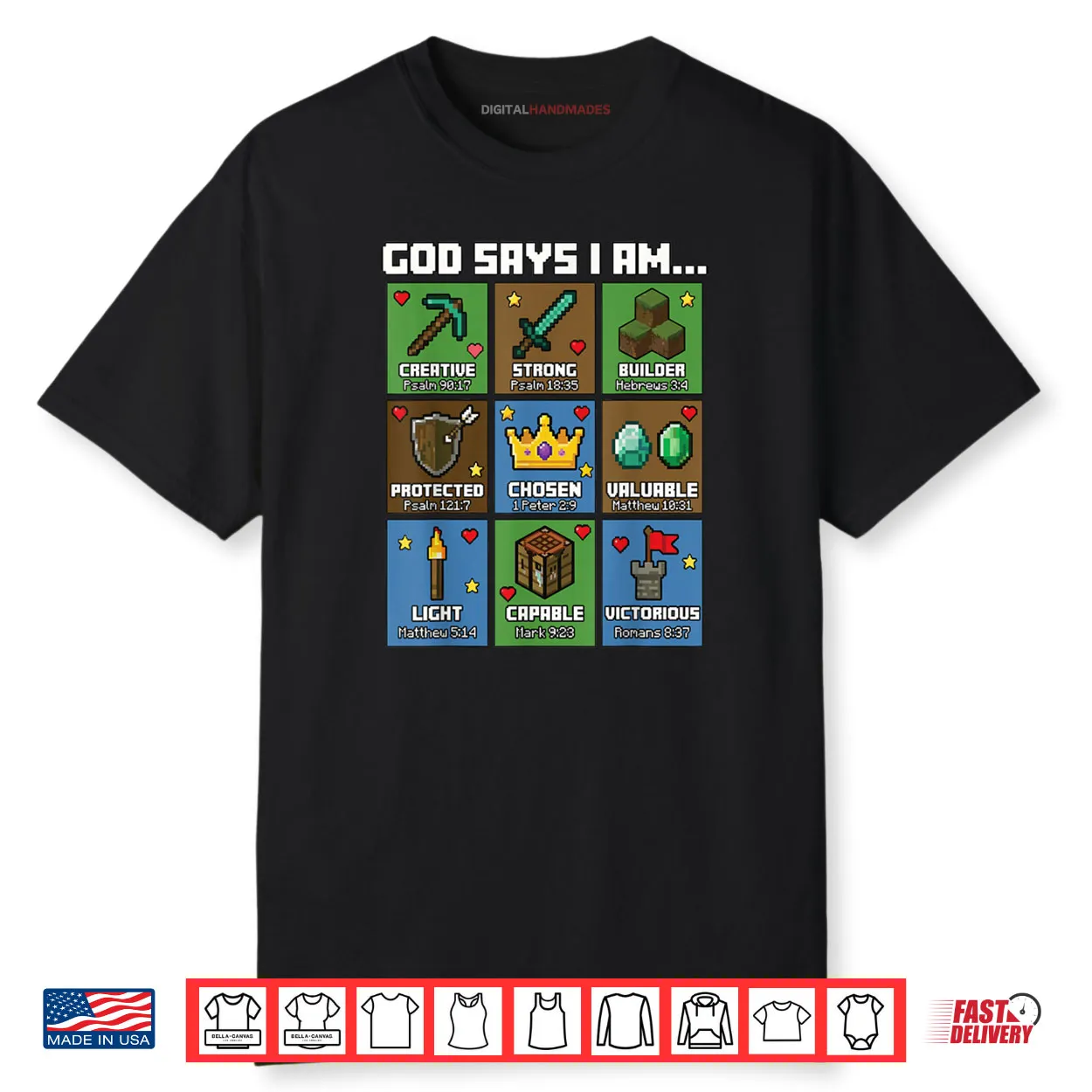 God Says I Am Bible Verses Pixel Art Christian Gamer Boys Shirt