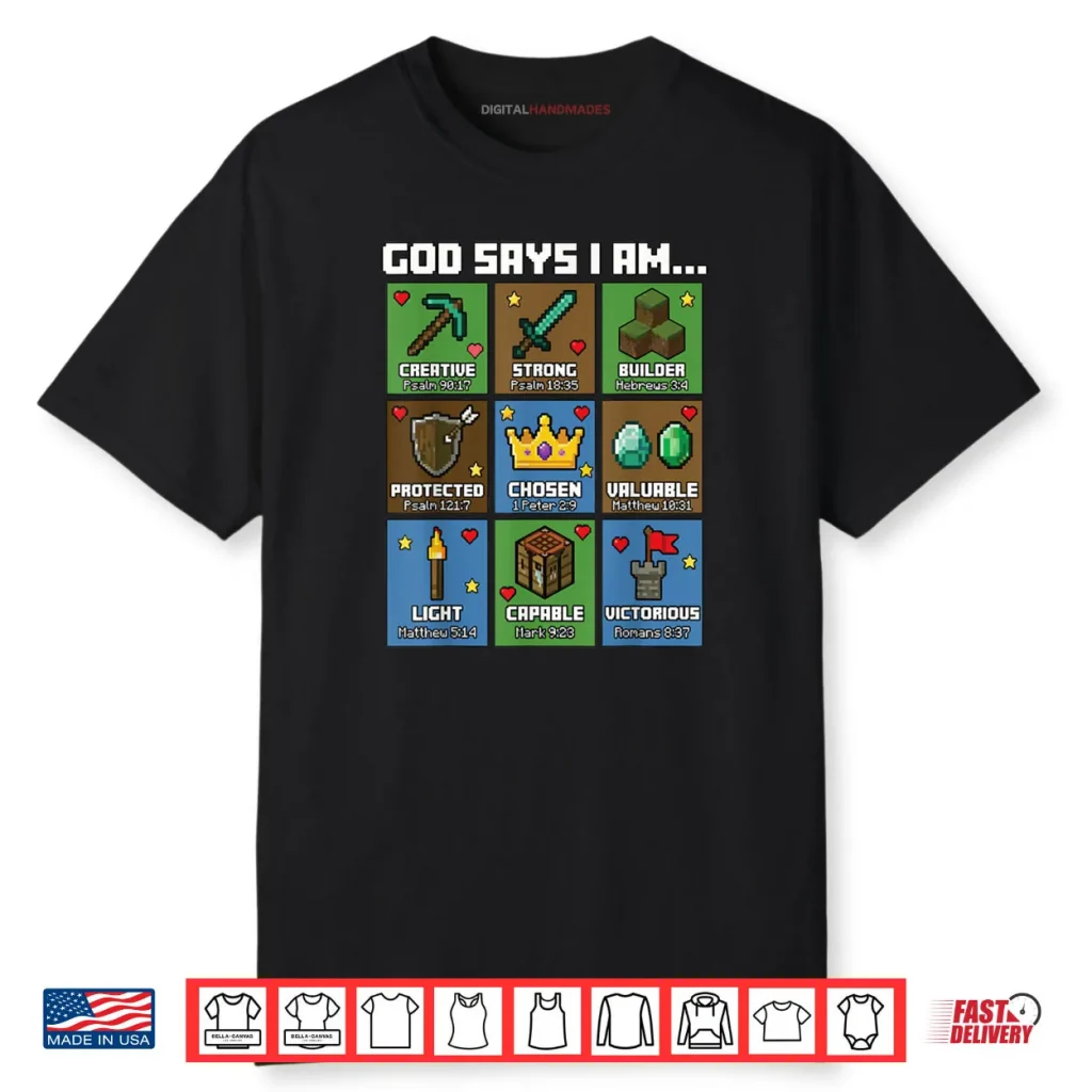God Says I Am Bible Verses Pixel Art Christian Gamer Boys Shirt