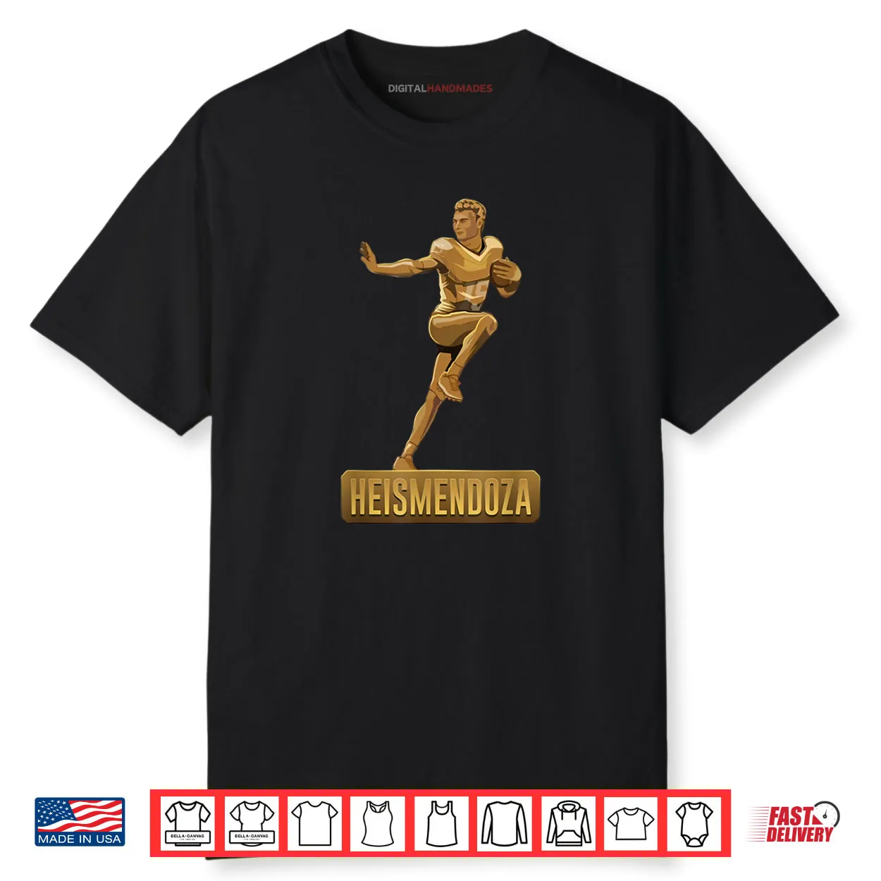 Gold Football Award Statue with Number 15 HEISMENDOZA Pride Shirt