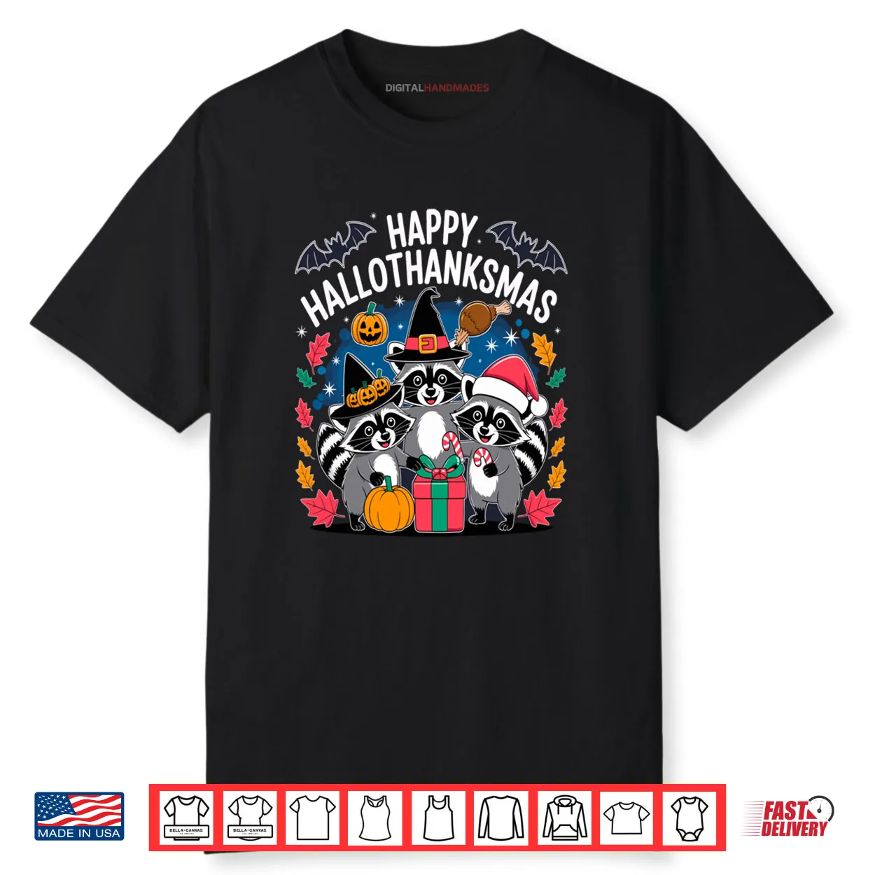 Happy Hallothanksmas Raccoon Halloween Merry Christmas Shirt
