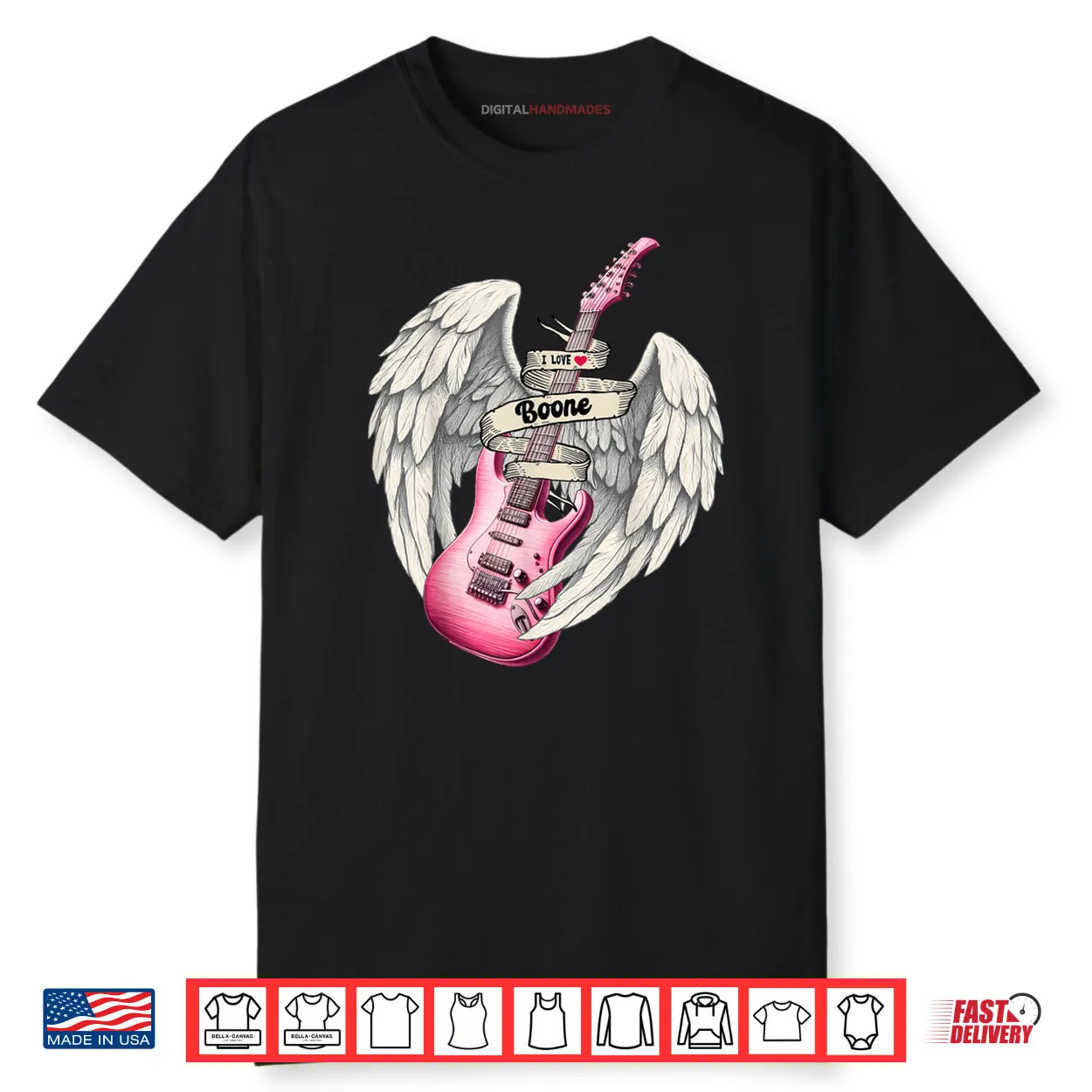 I Love Boone Pink Guitar Angel Wings Fan Art Music Shirt