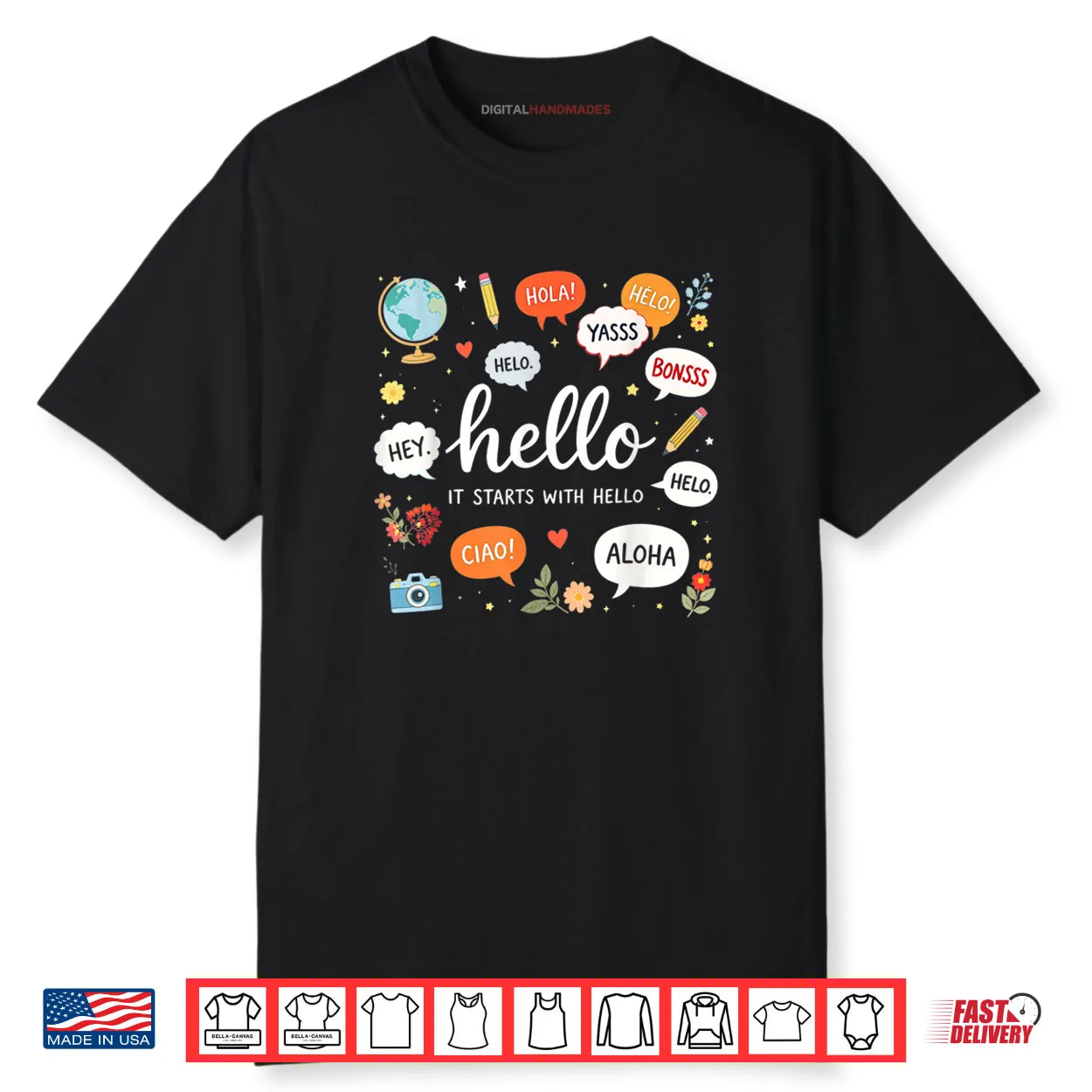 It Starts with Hello Friendship Teacher Inclusion Language Shirt