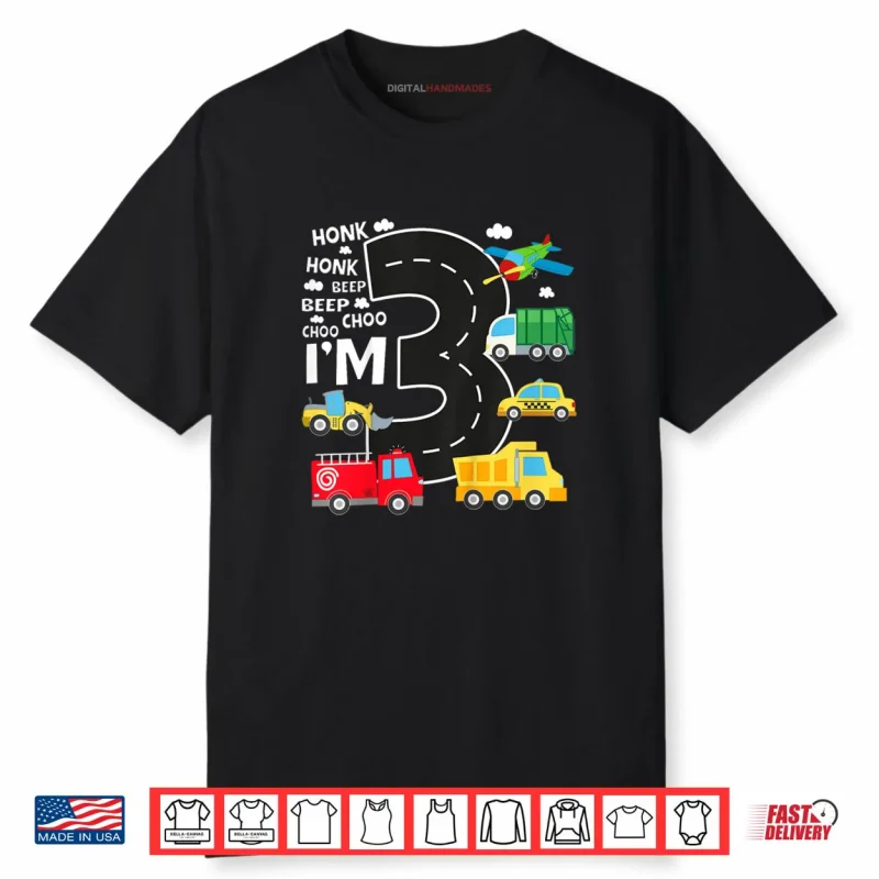 Kids 3rd Birthday 3 Year Old Transportation Toddler Boy Car Truck Shirt