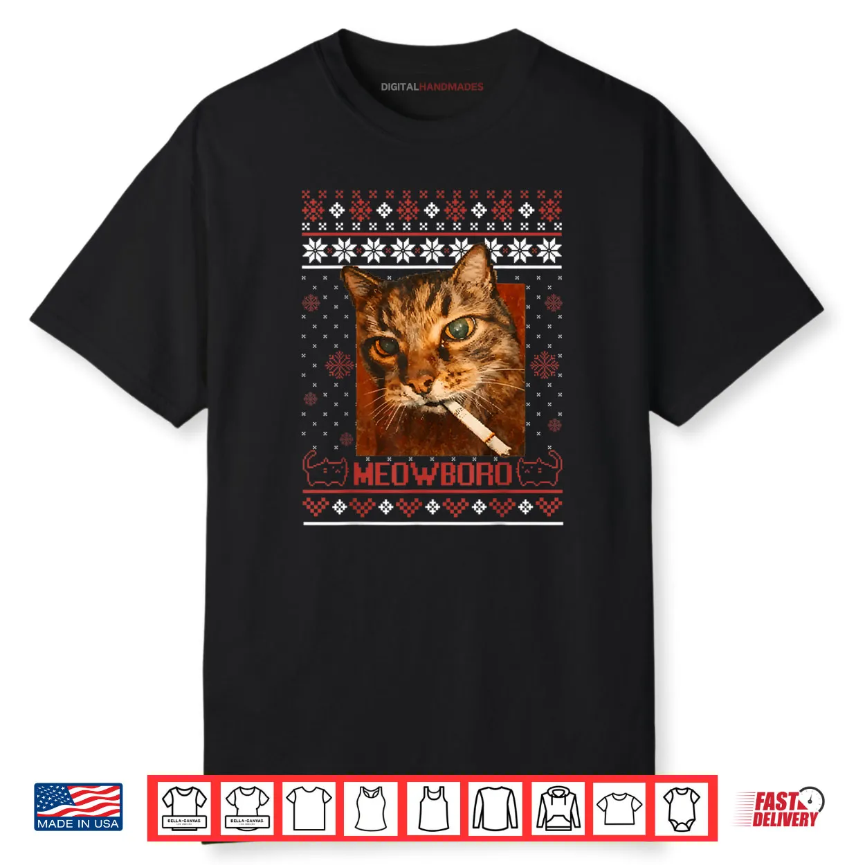 Meowboro Smoking Cat Christmas Ugly Sweater Meme Cat Shirt