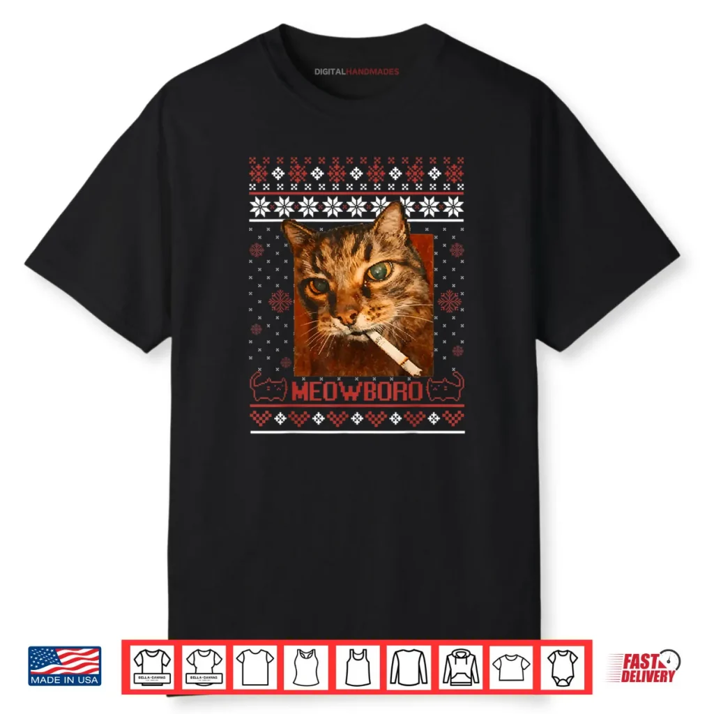 Meowboro Smoking Cat Christmas Ugly Sweater Meme Cat Shirt