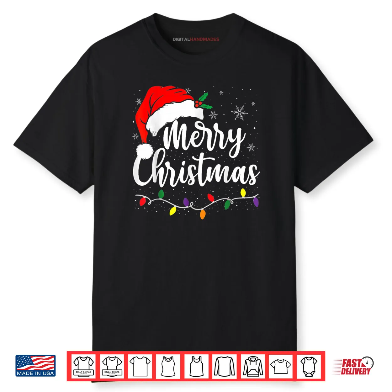 Merry Christmas Lights Red Santa Hat Xmas Family Shirt