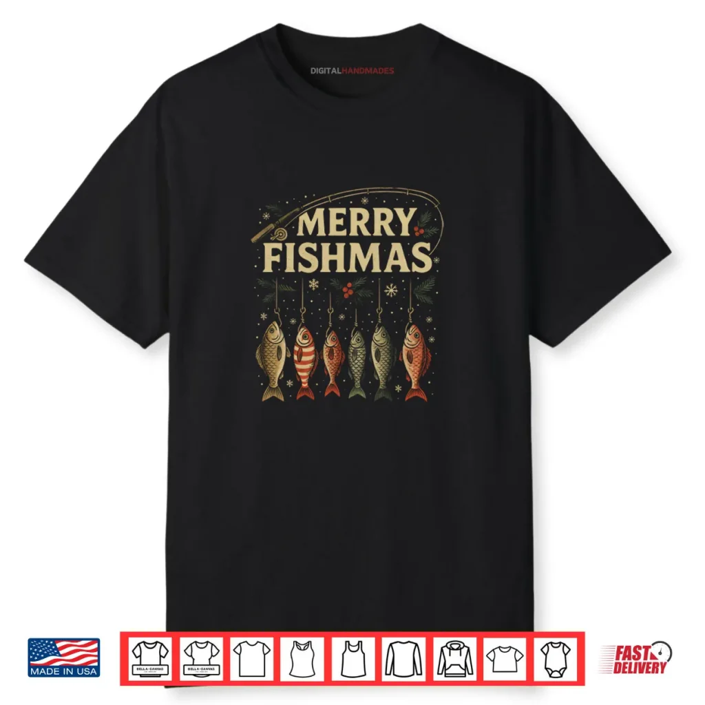 Merry Fishmas Retro Fishing Christmas Fisherman Xmas Holiday Shirt