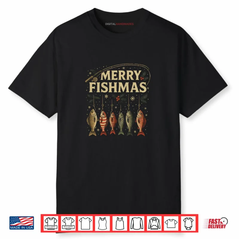 Merry Fishmas Retro Fishing Christmas Fisherman Xmas Holiday Shirt