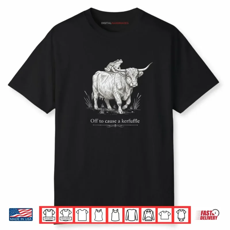 Off to Cause a Kerfuffle Funny Highland Cow Frog Art Zip Shirt