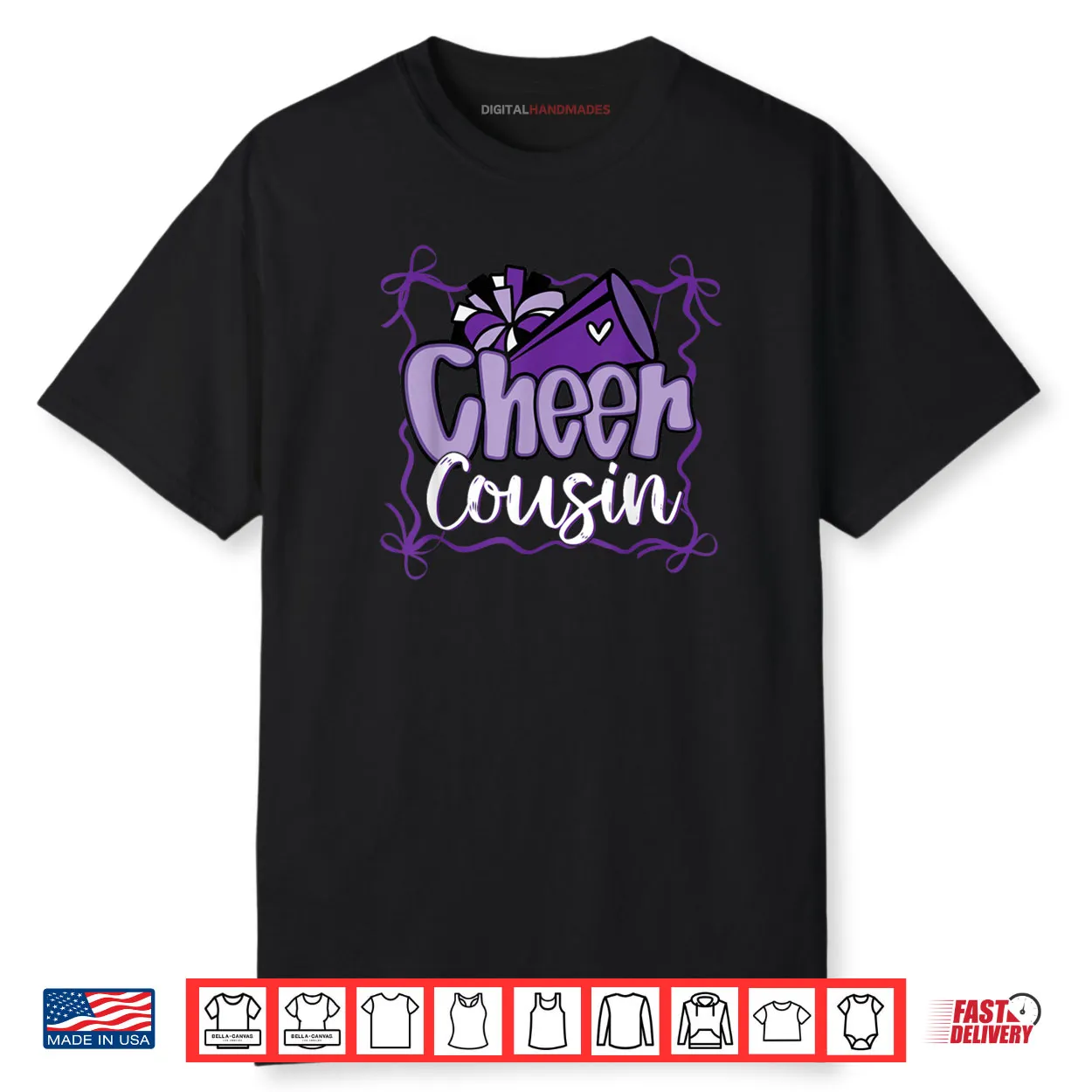 Purple Coquette Pom Poms Bow Cheer Cousin Cheerleader Girl Shirt