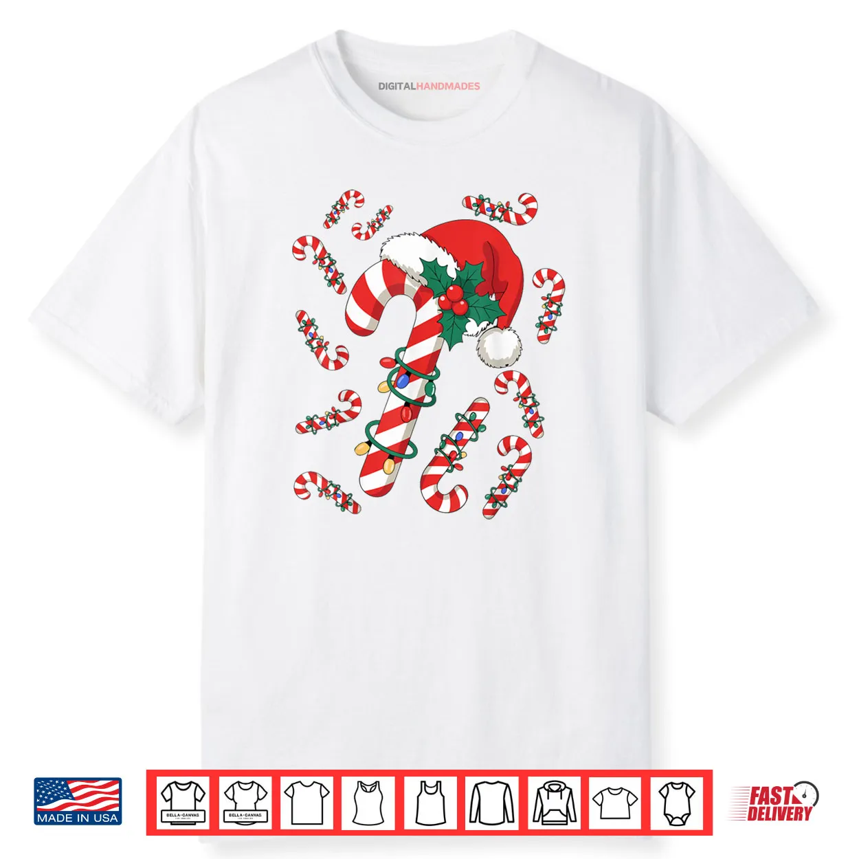 Red and White Candy Cane Santa Christmas Xmas Lights Shirt