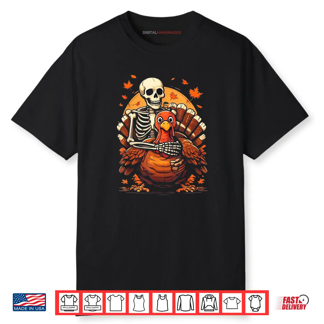 Skeleton Hugging Turkey Thanksgiving Day Fall Autumn Shirt