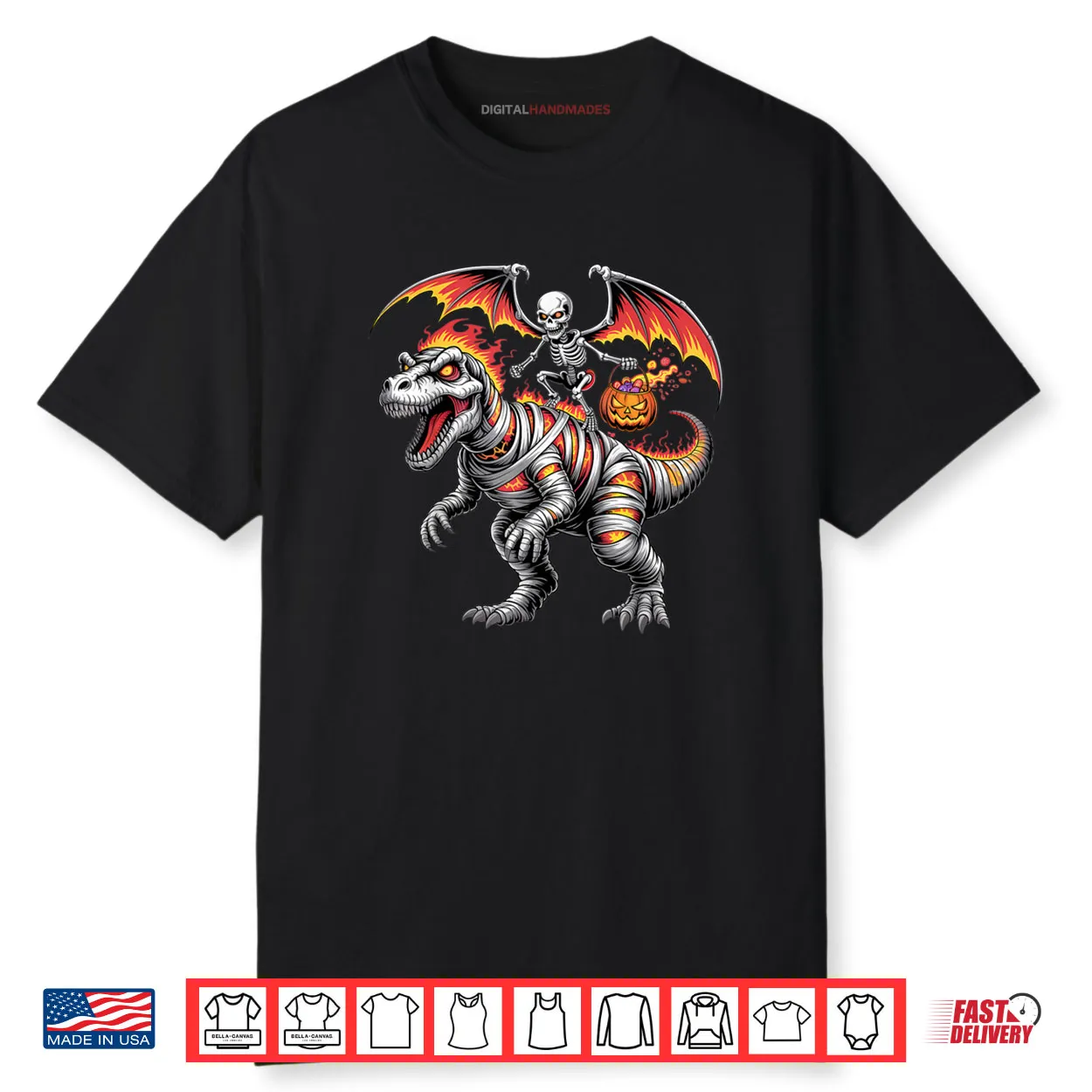 Skeleton Riding Dinosaur T Rex Halloween Pumpkin Shirt